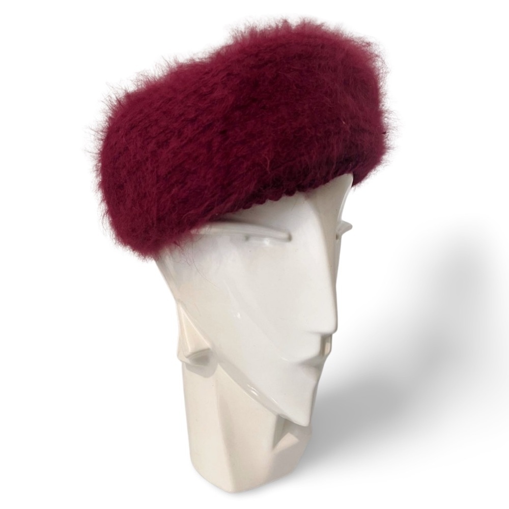 🇨🇦 80s Vintage Maroon Burgundy Angora Wool Fuzzy Beret Hat Handmade in Canada - Picture 2 of 7